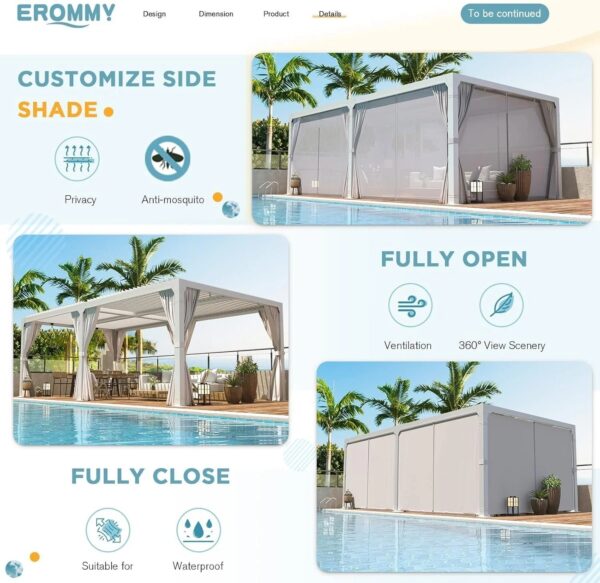 Erommy Outdoor Louvered Pergola Gazebo with Adjustable Aluminum Rainproof Roof