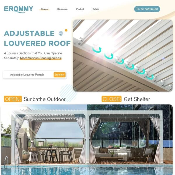 Erommy Outdoor Louvered Pergola Gazebo with Adjustable Aluminum Rainproof Roof
